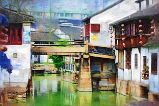 illust, material, livram, paisagem, quadro, pintura, lpis de cor, creiom, puxando,Canal de Zhujiajiao, via fluvial, A superfcie da gua, Ishigaki, parede branca