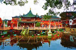 illust, material, livram, paisagem, quadro, pintura, lpis de cor, creiom, puxando,Yuyuan Garden corao de um pavilho de lago, Joss moram jardim, , lagoa, Edifcio chins