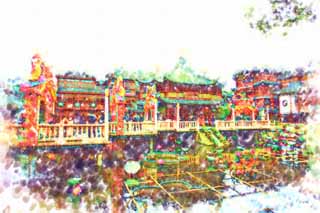 illust, materiell, befreit, Landschaft, Bild, Gemlde, Farbbleistift, Wachsmalstift, Zeichnung,,Yuyuan Garden-Herz einer Seenlaube, Joss Hausgarten, , Teich, Chinesisches Gebude