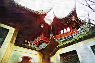 Illust, materieel, vrij, landschap, schilderstuk, schilderstuk, kleuren potlood, crayon, werkje,Mt. Yuyuan Tuin tempel bevelen, Joss huis tuinieren, , Chinees etenswaar trant, Chinees gebouw