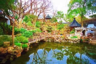 illust, materiell, befreit, Landschaft, Bild, Gemlde, Farbbleistift, Wachsmalstift, Zeichnung,,Mt. Yuyuan Garden befiehlt Tempel, Joss Hausgarten, , Chinesischer Essensstil, Teich