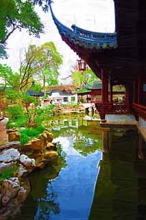 illust, material, livram, paisagem, quadro, pintura, lpis de cor, creiom, puxando,Mt. Yuyuan Garden templo de comando, Joss moram jardim, , Estilo de comida chins, lagoa