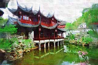 illust, materiell, befreit, Landschaft, Bild, Gemlde, Farbbleistift, Wachsmalstift, Zeichnung,,Mt. Yuyuan Garden befiehlt Tempel, Joss Hausgarten, , Chinesischer Essensstil, Teich