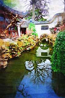 illust,tela,gratis,paisaje,fotografa,idea,pintura,Lpiz de color,dibujo,Canal navegable de jardn de Yuyuan, Jardn de casa de santuario chino, , Canal navegable, Edificio chino