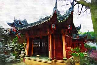 illustration,material,free,landscape,picture,painting,color pencil,crayon,drawing,Yuyuan Garden, Joss house garden, , Chinese food style, I am painted in red