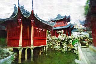 illust, materiell, befreit, Landschaft, Bild, Gemlde, Farbbleistift, Wachsmalstift, Zeichnung,,Yuyuan-Garten, Joss Hausgarten, , Chinesischer Essensstil, Ich werde in roten gemalt