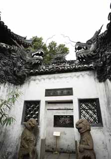 Foto, materiell, befreit, Landschaft, Bild, hat Foto auf Lager,Yuyuan Garden Drachenmauer, Joss Hausgarten, Drachen, Dachziegel, Chinesisches Gebude