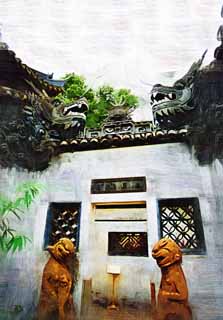 illust, matire, libre, paysage, image, le tableau, crayon de la couleur, colorie, en tirant,Yuyuan Garden mur du dragon, Joss logent le jardin, dragon, carreau de toit, Btiment chinois