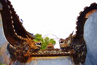 illust, materiell, befreit, Landschaft, Bild, Gemlde, Farbbleistift, Wachsmalstift, Zeichnung,,Yuyuan Garden Drachenmauer, Joss Hausgarten, Drachen, Dachziegel, Chinesisches Gebude