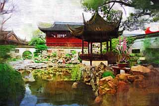 illust, matire, libre, paysage, image, le tableau, crayon de la couleur, colorie, en tirant,Yuyuan jardinent, Joss logent le jardin, , Style de la nourriture chinois, tang