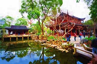 illustration,material,free,landscape,picture,painting,color pencil,crayon,drawing,Yuyuan Garden, Joss house garden, , Chinese food style, pond