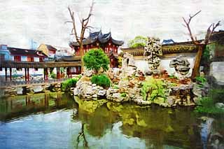 illust, matire, libre, paysage, image, le tableau, crayon de la couleur, colorie, en tirant,Yuyuan jardinent, Joss logent le jardin, passage couvert btiments de connexion, Style de la nourriture chinois, tang