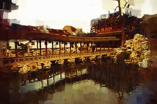 illustration,material,free,landscape,picture,painting,color pencil,crayon,drawing,Yuyuan Garden, Joss house garden, roofed passage connecting buildings, Chinese food style, pond