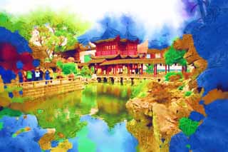 illustration,material,free,landscape,picture,painting,color pencil,crayon,drawing,Yuyuan Garden, Joss house garden, roofed passage connecting buildings, Chinese food style, pond