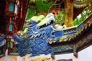 illust, materiell, befreit, Landschaft, Bild, Gemlde, Farbbleistift, Wachsmalstift, Zeichnung,,Yuyuan Garden Drachenmauer, Joss Hausgarten, Drachen, Dachziegel, Chinesisches Gebude