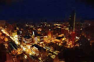 illust, materiell, befreit, Landschaft, Bild, Gemlde, Farbbleistift, Wachsmalstift, Zeichnung,,Eine Nacht von Sicht von Sapporo, die Stadt, Festliche Beleuchtung, Licht, Ich bin schn