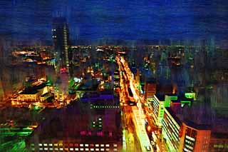 Illust, materieel, vrij, landschap, schilderstuk, schilderstuk, kleuren potlood, crayon, werkje,Een avond uitzicht van Sapporo, Stad, Illumineringen, Maak, Ik ben prachtig