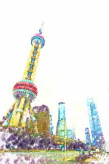 illustration,material,free,landscape,picture,painting,color pencil,crayon,drawing,Watch east light ball train; a tower, An electric wave tower, sightseeing spot, An oriental pearl tower, An outside rough sea
