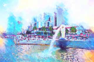 illust, material, livram, paisagem, quadro, pintura, lpis de cor, creiom, puxando,Merlion, Singapure, arranha-cu, sereia, Cidade antiga