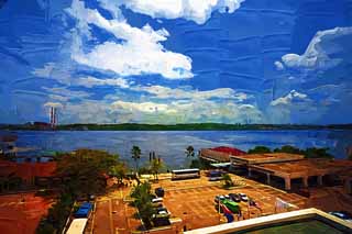 Illust, materieel, vrij, landschap, schilderstuk, schilderstuk, kleuren potlood, crayon, werkje,De Johore Strait, Landsgrens, Coe weg, Parkeerterrein, Blauwe lucht