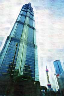 illust, materiale, libero panorama, ritratto dipinto, matita di colore disegna a pastello, disegnando,Grattacielo di Sciangai, Guardi treno di palla leggero ed est; una torre, torre di ramie di gin, Shigeru Kim, grattacielo
