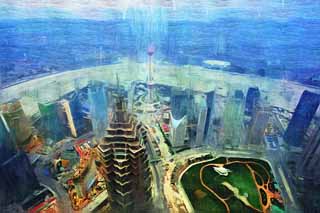 illustration,material,free,landscape,picture,painting,color pencil,crayon,drawing,Development of Shanghai, The center where Shanghai world financial, Pudong New Area, Watch east light ball train; a tower, skyscraper