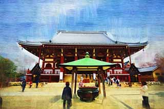 illust, matire, libre, paysage, image, le tableau, crayon de la couleur, colorie, en tirant,Ikegami sont devant le temple de l'Universit du temple de la porte, Takashi Nichiren, Chaitya, Le temple de Bodhidharma, Artiste Ryuko Kawabata
