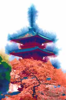 Illust, materieel, vrij, landschap, schilderstuk, schilderstuk, kleuren potlood, crayon, werkje,Ikegami voorkant poort tempel Five Storeyed Pagoda, Takashi Nichiren, Chaitya, Vijf Storeyed Pagoda, Publiek Hidetada