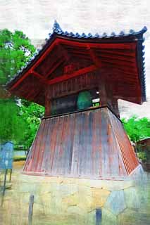 illustration,material,free,landscape,picture,painting,color pencil,crayon,drawing,Taima temple bell tower, Buddhism architecture, temple bell, musical instrument, Striking a bell