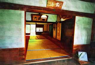 illust, material, livram, paisagem, quadro, pintura, lpis de cor, creiom, puxando,Templo de Taima Nakano Bo, tatami esteiram, shoji, Quarto de Japons-estilo, Chaitya