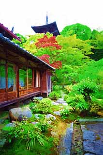 illustration,material,free,landscape,picture,painting,color pencil,crayon,drawing,Taima temple Nakano Bo, Japanese garden, Japanese building, triple tower, famous garden