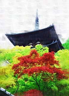 illust, matire, libre, paysage, image, le tableau, crayon de la couleur, colorie, en tirant,Trois plis de tours de temple Taima, Feuilles colores, Btiment japonais, tour triple, Architecture du Bouddhisme