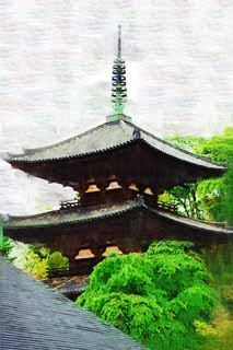 illust, materiell, befreit, Landschaft, Bild, Gemlde, Farbbleistift, Wachsmalstift, Zeichnung,,Drei Falten des Taima-Tempels Trme, Frbte Bltter, Japanisches Gebude, dreifacher Turm, Buddhismus-Architektur