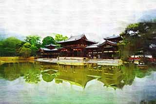 illust, materiell, befreit, Landschaft, Bild, Gemlde, Farbbleistift, Wachsmalstift, Zeichnung,,Byodo-in Tempel chinesischer Phnixtempel, Welterbe, Jodo-Glaube, Pessimismus wegen des Glaubens am dritten und letzter Phase von Buddhismus, Ein Amitabha sitzendes Bild