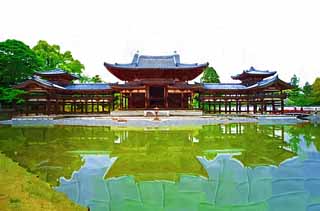 illust, matire, libre, paysage, image, le tableau, crayon de la couleur, colorie, en tirant,Byodo-dans Temple temple du phnix chinois, patrimoine de l'humanit, Foi Jodo, Pessimisme d  la croyance dans la troisime et dernire tape de Bouddhisme, Un Amitabha image sdentaire