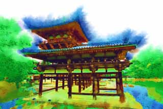 illust, matire, libre, paysage, image, le tableau, crayon de la couleur, colorie, en tirant,Byodo-dans Temple temple du phnix chinois, patrimoine de l'humanit, Foi Jodo, Pessimisme d  la croyance dans la troisime et dernire tape de Bouddhisme, Un Amitabha image sdentaire