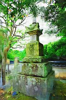 illust, matire, libre, paysage, image, le tableau, crayon de la couleur, colorie, en tirant,Un cimetire de Byodo-dans Temple Yorimasa, tombe, Genji, Heike, Caractres Sanskrits