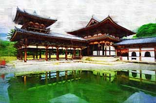 illust, materiell, befreit, Landschaft, Bild, Gemlde, Farbbleistift, Wachsmalstift, Zeichnung,,Byodo-in Tempel chinesischer Phnixtempel, Welterbe, Jodo-Glaube, Pessimismus wegen des Glaubens am dritten und letzter Phase von Buddhismus, Ein Amitabha sitzendes Bild