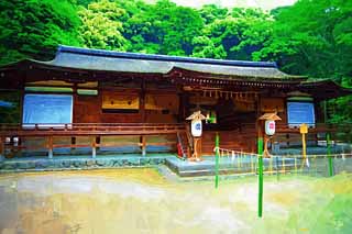 Illust, materieel, vrij, landschap, schilderstuk, schilderstuk, kleuren potlood, crayon, werkje,Het is een Shinto heiligdom voorkant heiligdom in Uji, Veeg zand, Shinto, Ceremonieel sandpile, Geest-behuizing object