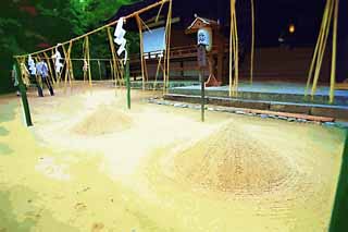 illust, materiell, befreit, Landschaft, Bild, Gemlde, Farbbleistift, Wachsmalstift, Zeichnung,,Es ist ein schintoistischer Schrein zeremonieller sandpile in Uji, Suberungsaktionssand, Schintoismus, zeremonieller sandpile, Geist-Aufenthaltsgegenstand