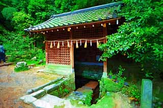 illustration,material,free,landscape,picture,painting,color pencil,crayon,drawing,It is Shinto shrine Kirihara water in Uji, Famous clear water, Water drawer ground, Shinto straw festoon, Shinto