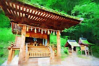 illust, materiell, befreit, Landschaft, Bild, Gemlde, Farbbleistift, Wachsmalstift, Zeichnung,,Es ist schintoistischer Schrein Kasuga Shrine in Uji, Htergottheit, Schintoistische Strohgirlande, Bambusjalousie, Schintoismus