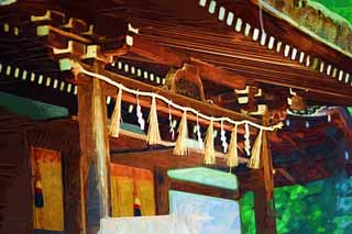 illustration,material,free,landscape,picture,painting,color pencil,crayon,drawing,It is a Shinto shrine front shrine in Uji, paper appendix, Shinto straw festoon, bamboo blind, Shinto