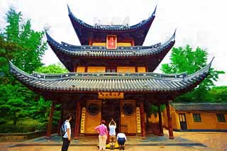 illustration,material,free,landscape,picture,painting,color pencil,crayon,drawing,A Ryuge mass temple bell tower, Buddhism, Prayer, Faith, Striking a bell