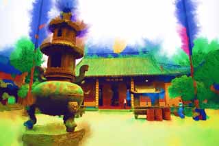 illust, material, livram, paisagem, quadro, pintura, lpis de cor, creiom, puxando,Um Ryuge massa templo monastrio budista, Budismo, Orao, Faith, Um abajur de incenso