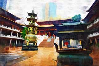 illust, materiell, befreit, Landschaft, Bild, Gemlde, Farbbleistift, Wachsmalstift, Zeichnung,,Statischer Yasushi-Tempel, Buddhismus, Gebet, Faith, Eine Weihrauchlampe