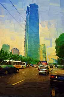 illust,tela,gratis,paisaje,fotografa,idea,pintura,Lpiz de color,dibujo,Hilera de casas a lo largo de una calle de ciudad de Shangai, Edificio, Camino pavimentado, Autobs, Automvil