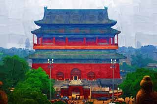 illust, materiell, befreit, Landschaft, Bild, Gemlde, Farbbleistift, Wachsmalstift, Zeichnung,,Ein Trommelturm von Beijing, Trommel, Keijo, , Erden Sie Yasushi Tor Universitt Strae