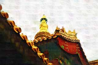 illust,tela,gratis,paisaje,fotografa,idea,pintura,Lpiz de color,dibujo,Una torre de Yonghe Temple, Tibet, Cadena, Dinero, Chaitya