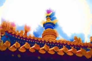 illust, matire, libre, paysage, image, le tableau, crayon de la couleur, colorie, en tirant,Une tour de Temple Yonghe, Tibet, chane, Argent, Chaitya